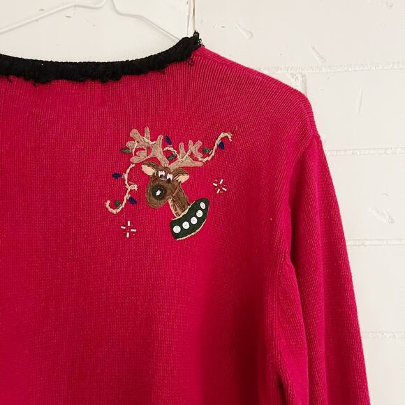 VINTAGE Red Ugly Christmas Sweater Zip Up Reindeer Large L - Picture 7 of 9